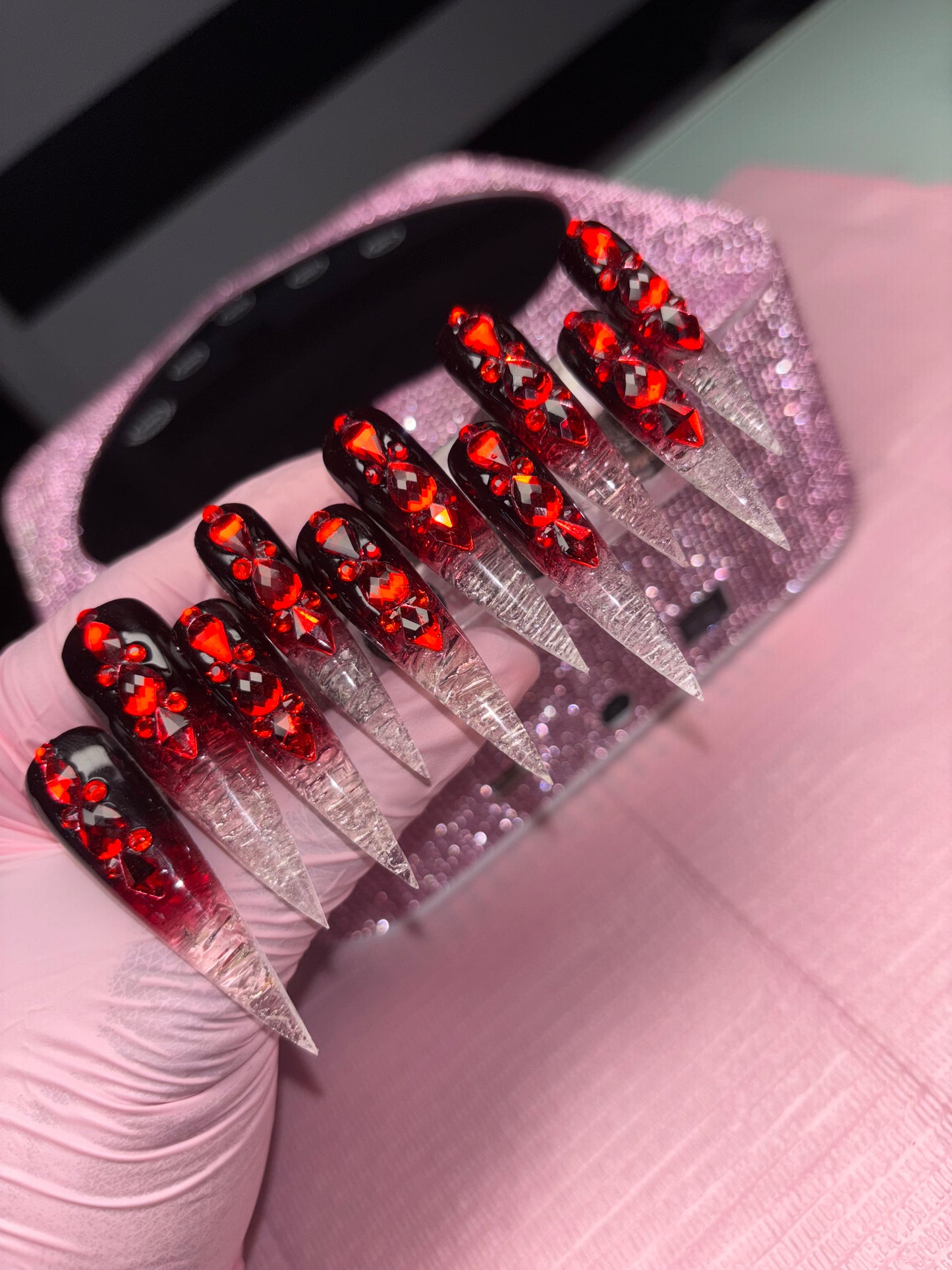 Icicle Vampire Nails, 2XL Stiletto Nails, Red Rhinestone Bling