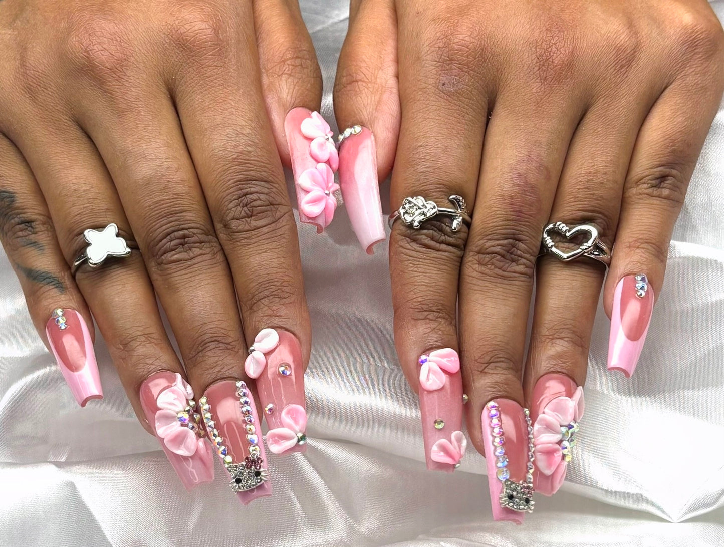 3D Pink Flowers, Medium Coffin Nails, Handmade