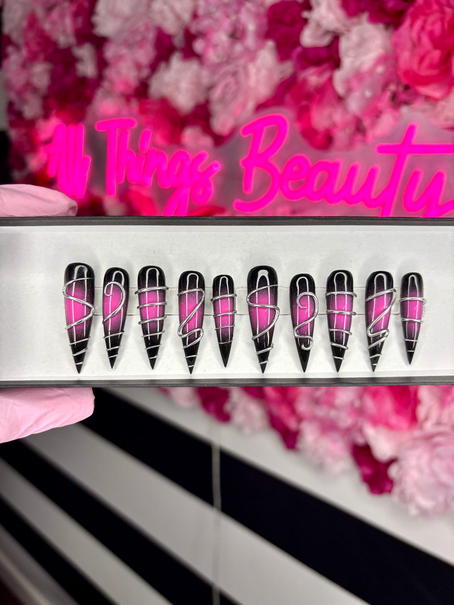 Pink & Black Aura, Long Stilettos, 3D Sliver Chrome..