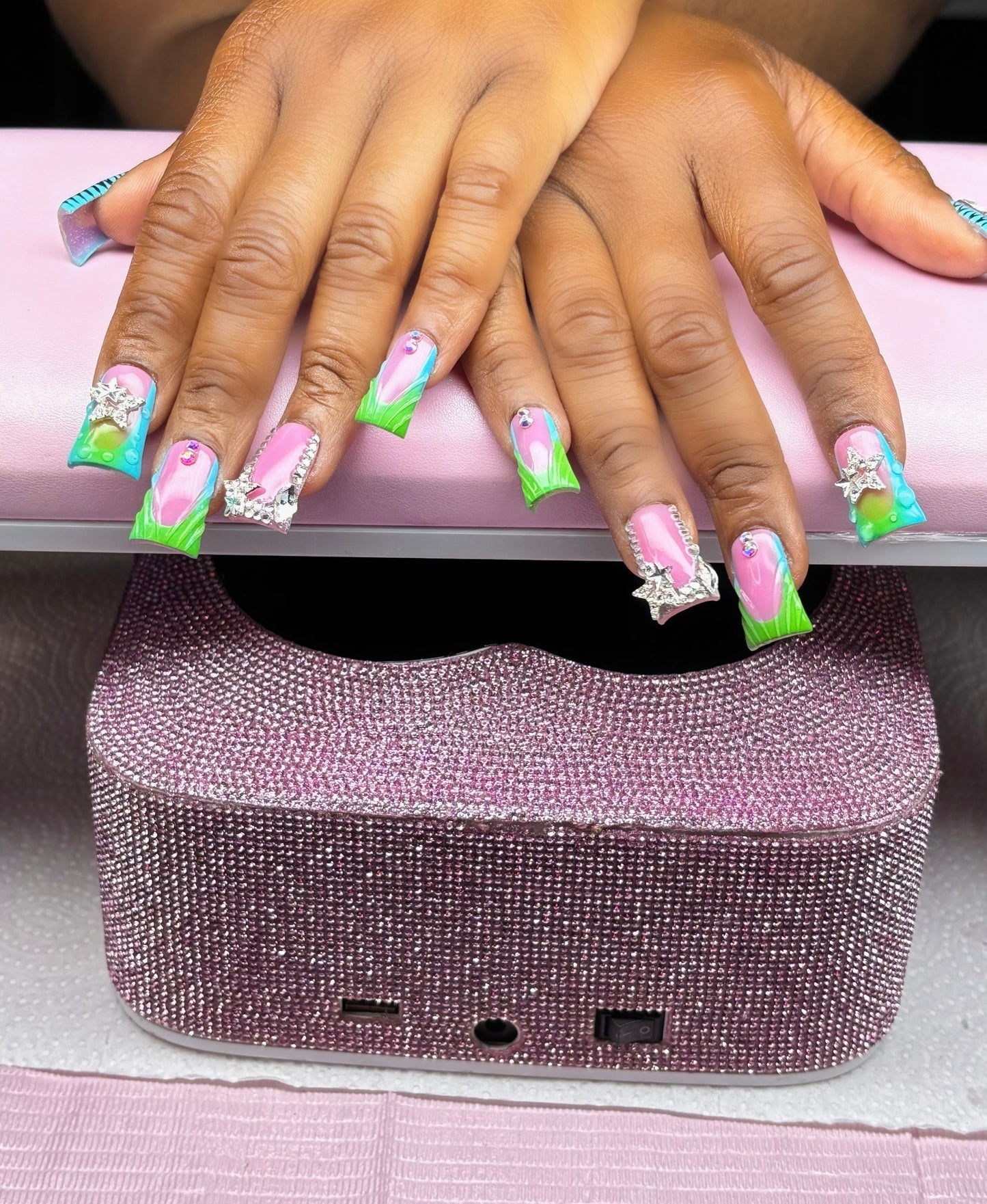 Blue & Green Bling Short Duck Nails