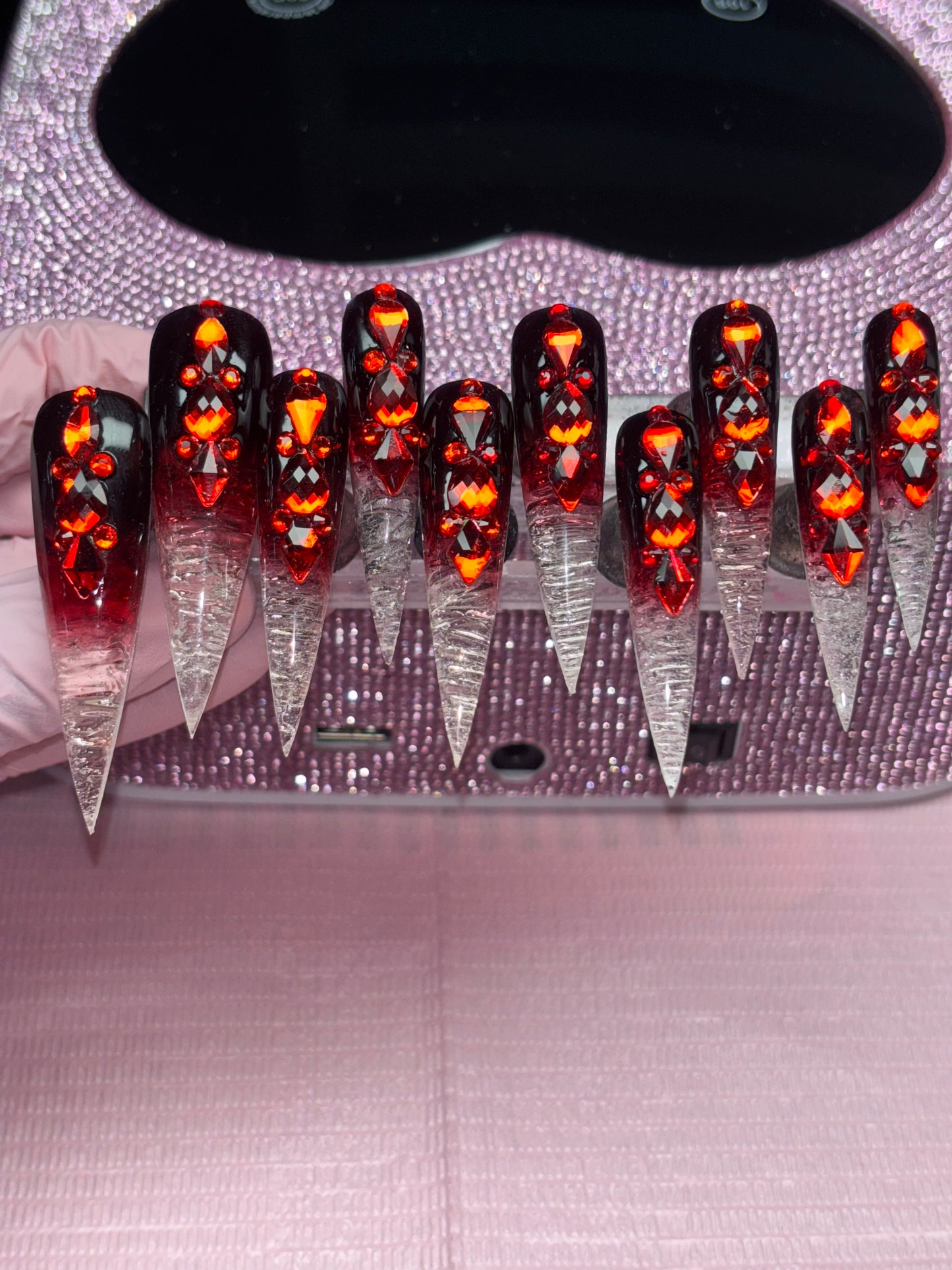 Icicle Vampire Nails, 2XL Stiletto Nails, Red Rhinestone Bling