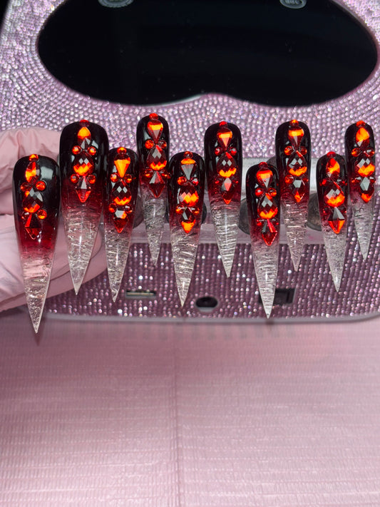 Icicle Vampire Nails, 2XL Stiletto Nails, Red Rhinestone Bling