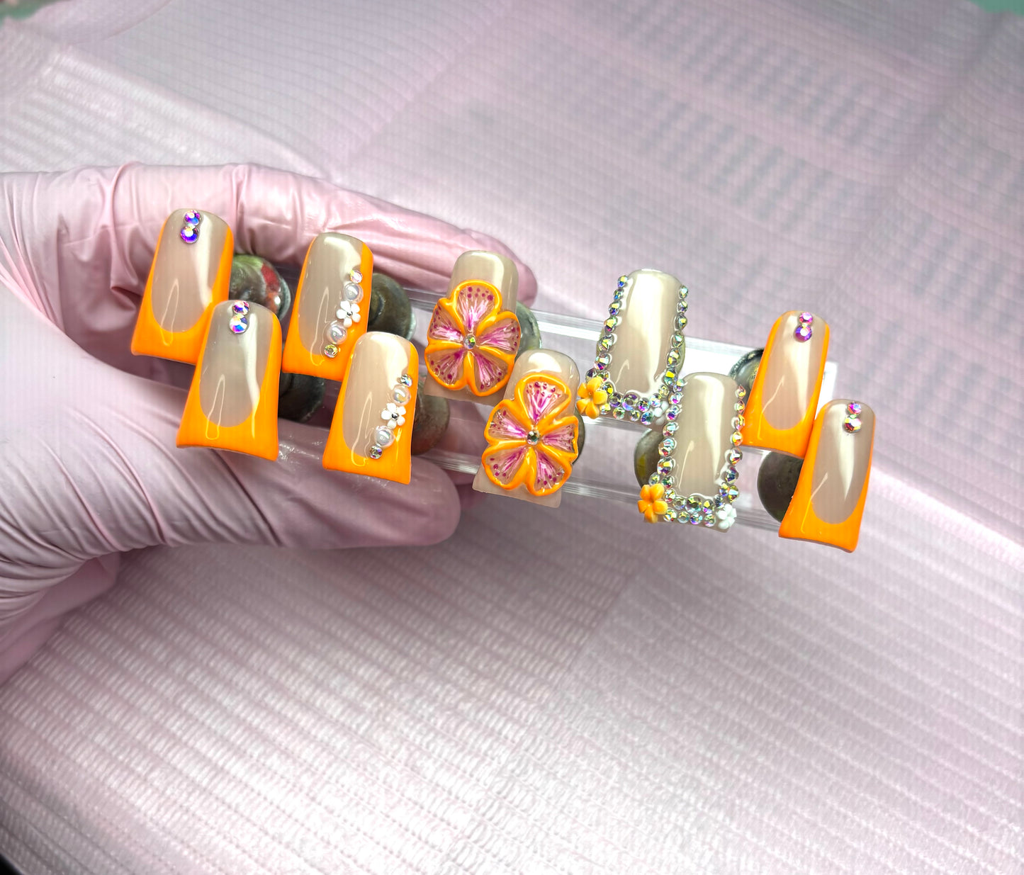 3D Flowers, Medium Duck Nails Orange Duck Press Ons