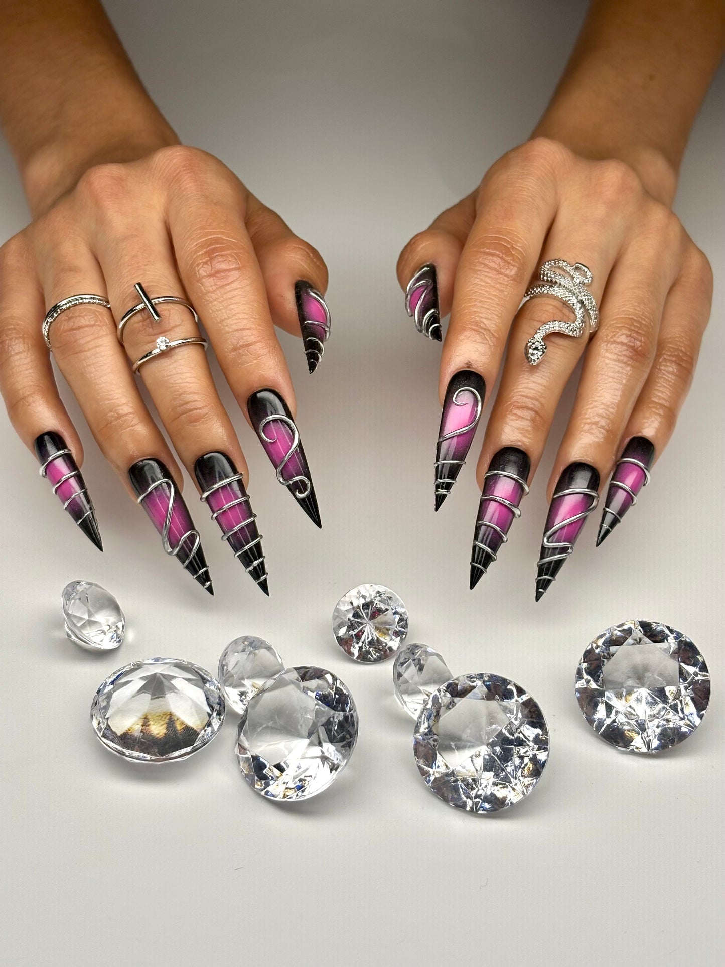 Pink & Black Aura, Long Stilettos, 3D Sliver Chrome..