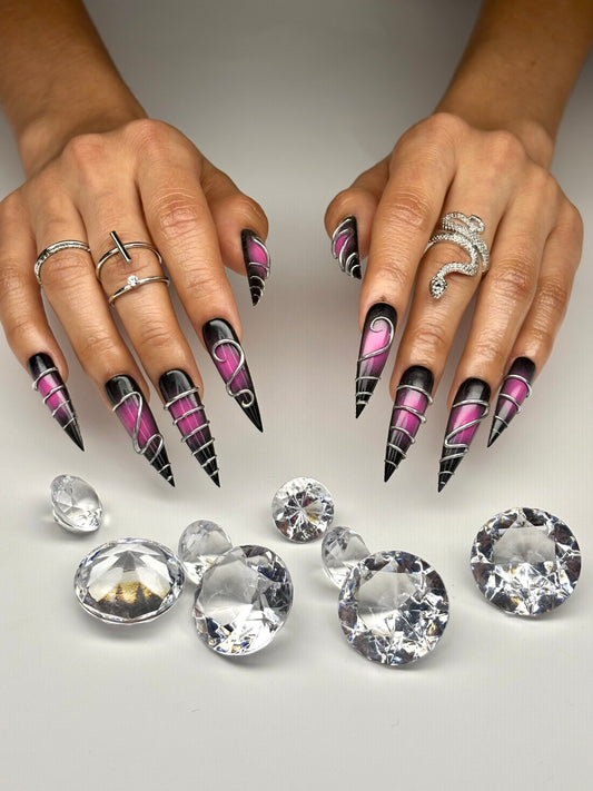 Pink & Black Aura, Long Stilettos, 3D Sliver Chrome..
