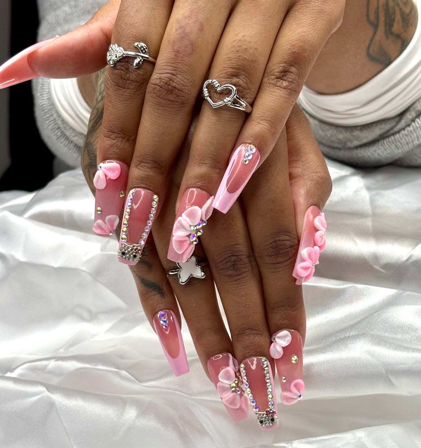 3D Pink Flowers, Medium Coffin Nails, Handmade