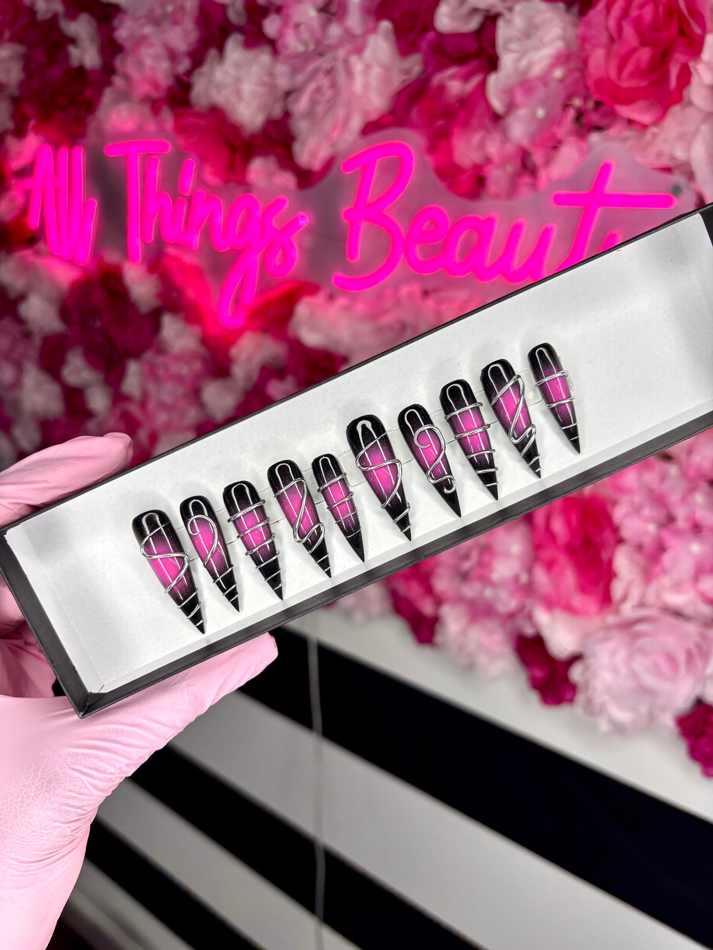 Pink & Black Aura, Long Stilettos, 3D Sliver Chrome..
