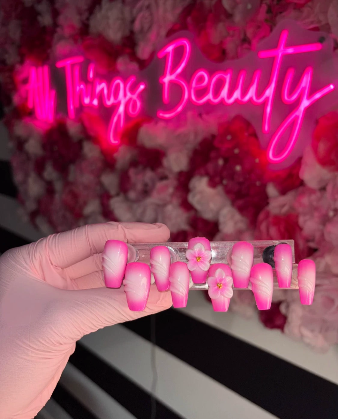Pink Aura, 3D Flowers, Short Coffin, Handmade Press Ons