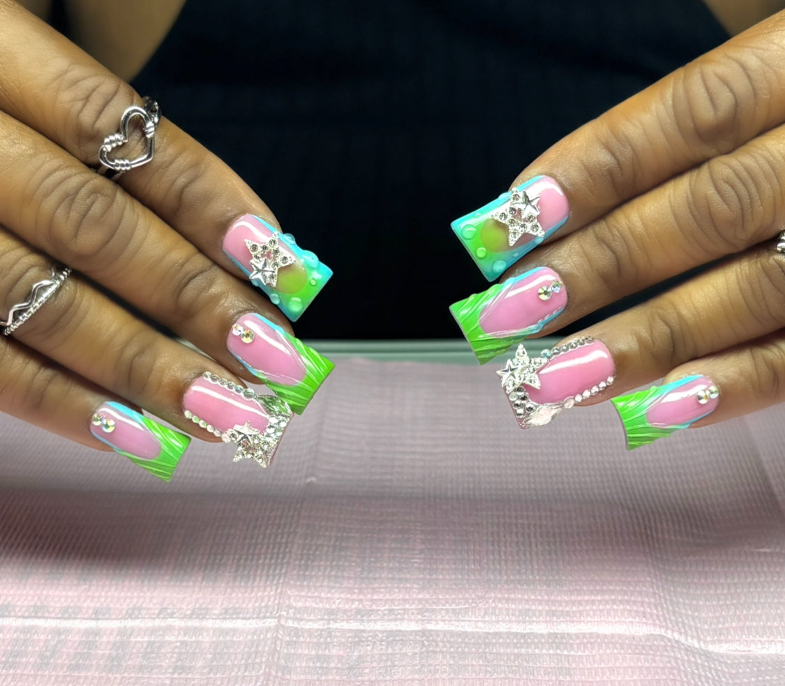 Blue & Green Bling Short Duck Nails