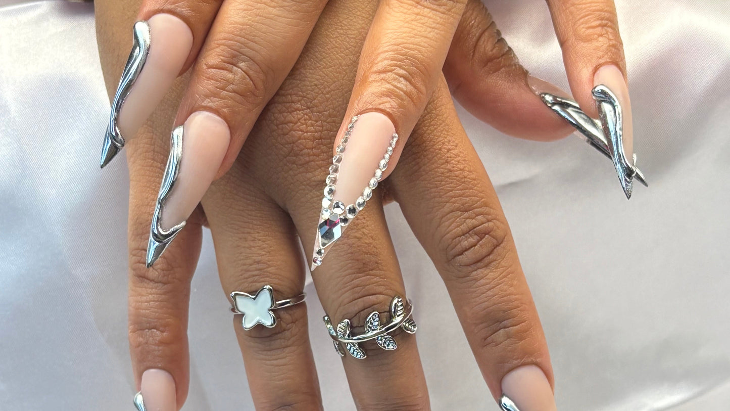 Sliver Chrome, Long Stiletto, Press On Nails With Bling..