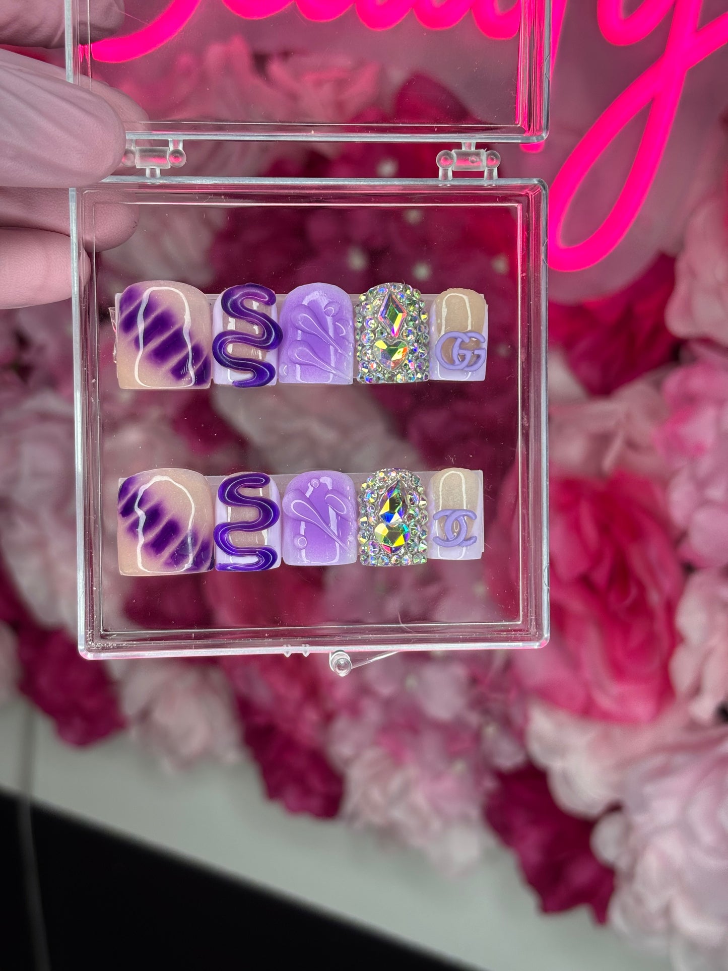 Grape Slime, Purple 3D Art, Short Square Nails, With Bling