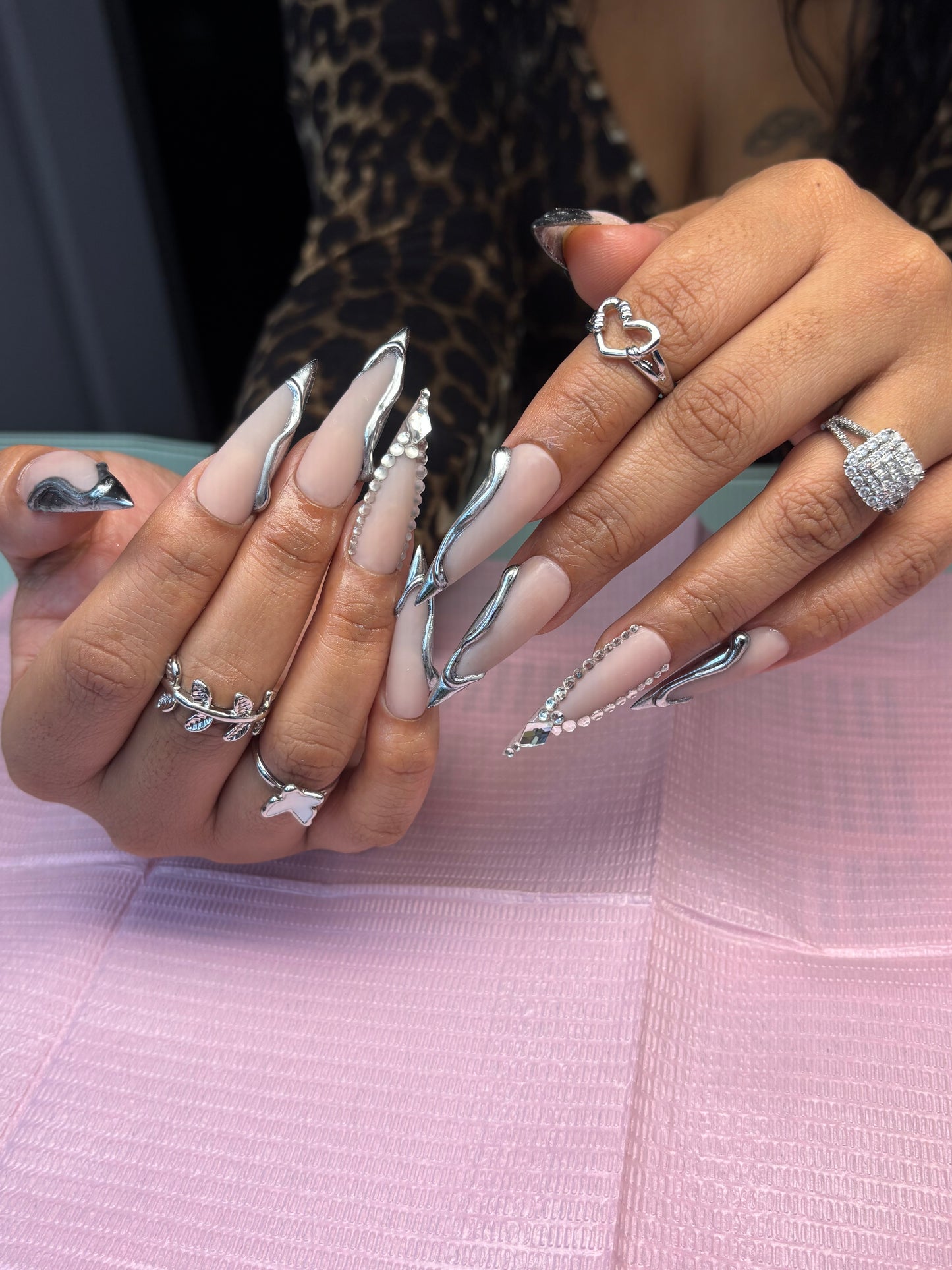 Sliver Chrome, Long Stiletto, Press On Nails With Bling..
