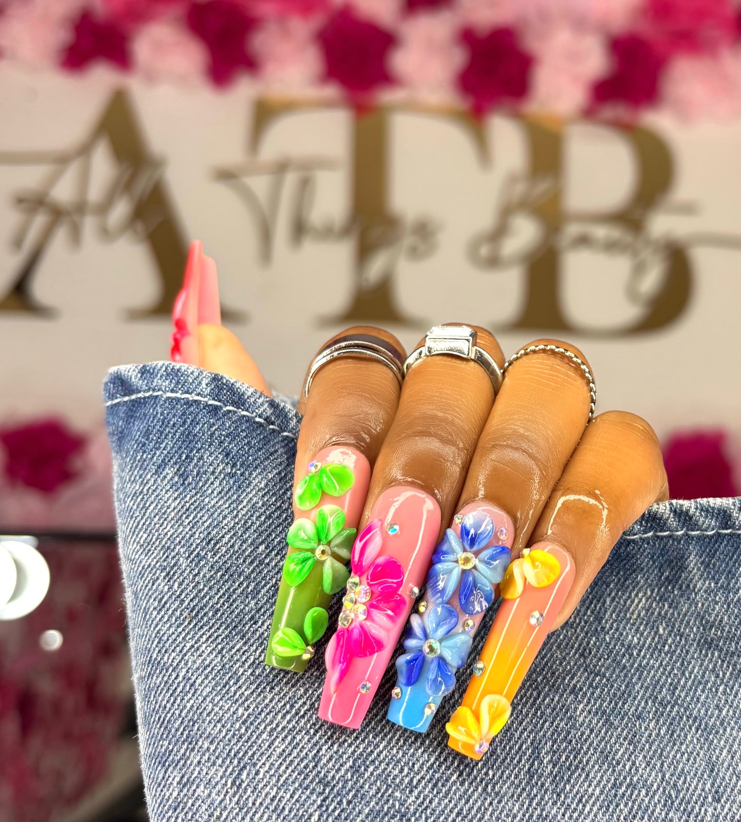 3D Flower Nails, Long Coffin Nails, Handmade