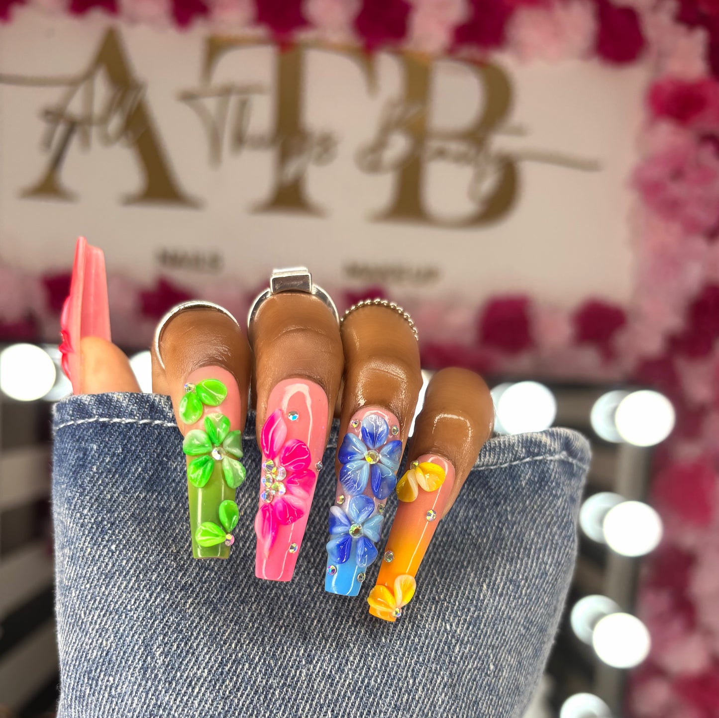 3D Flower Nails, Long Coffin Nails, Handmade