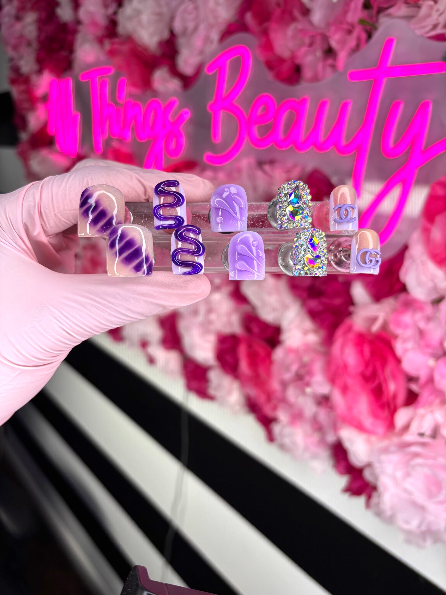 Grape Slime, Purple 3D Art, Short Square Nails, With Bling