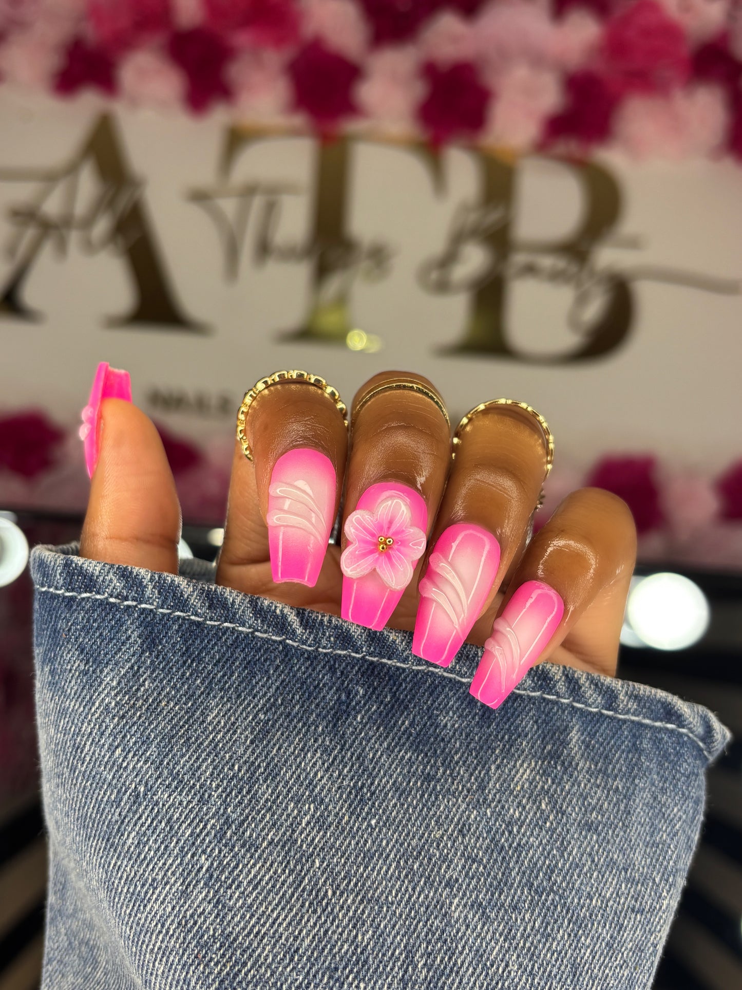 Pink Aura, 3D Flowers, Short Coffin, Handmade Press Ons
