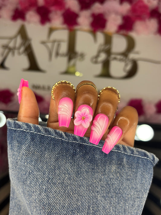 Pink Aura, 3D Flowers, Short Coffin, Handmade Press Ons