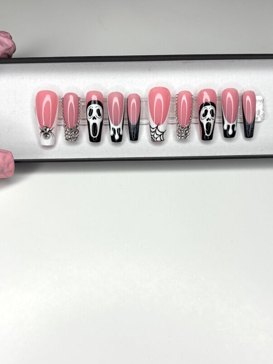 Halloween Nails, Medium Coffin Nails, Hand painted Nails