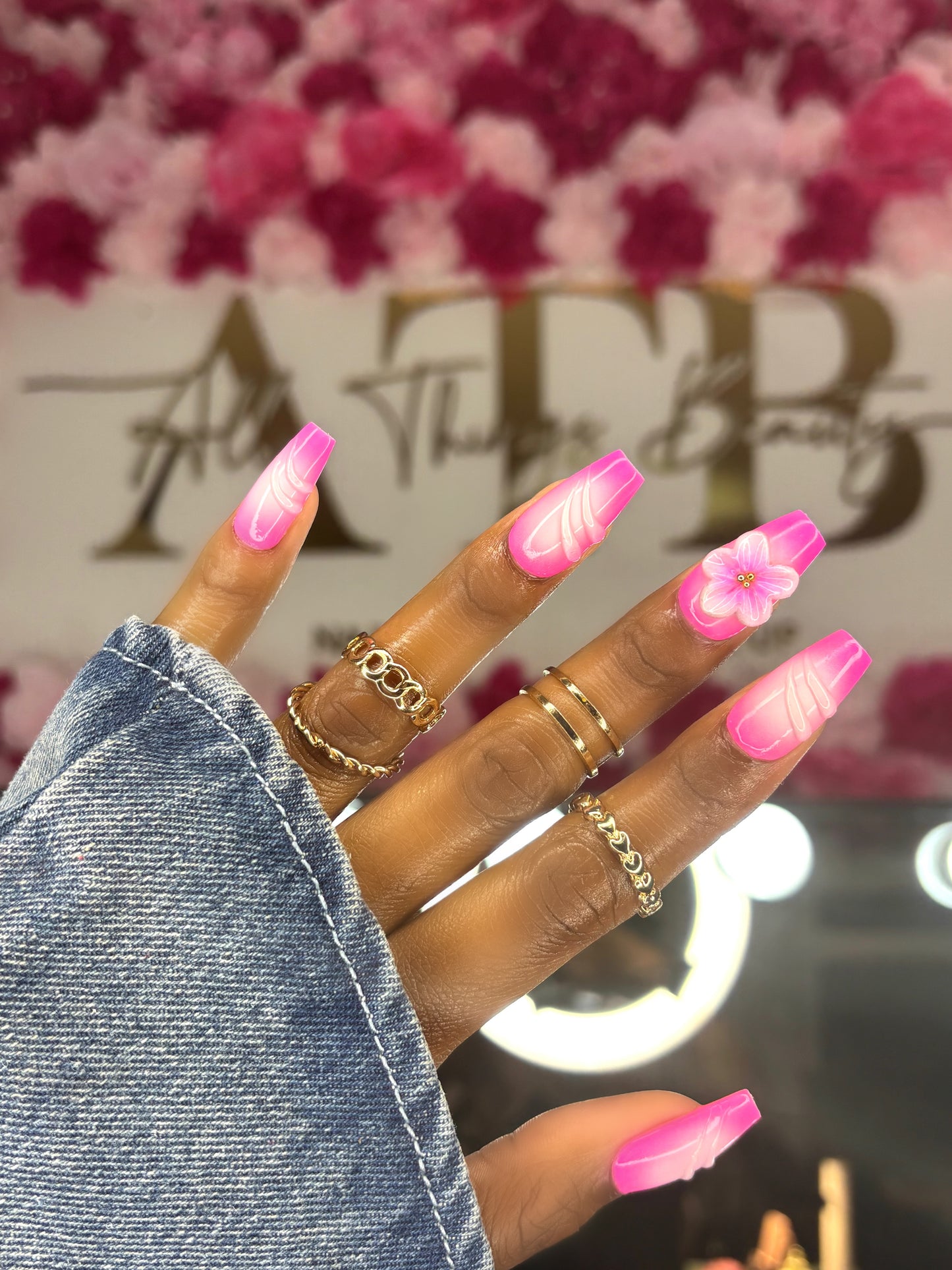 Pink Aura, 3D Flowers, Short Coffin, Handmade Press Ons