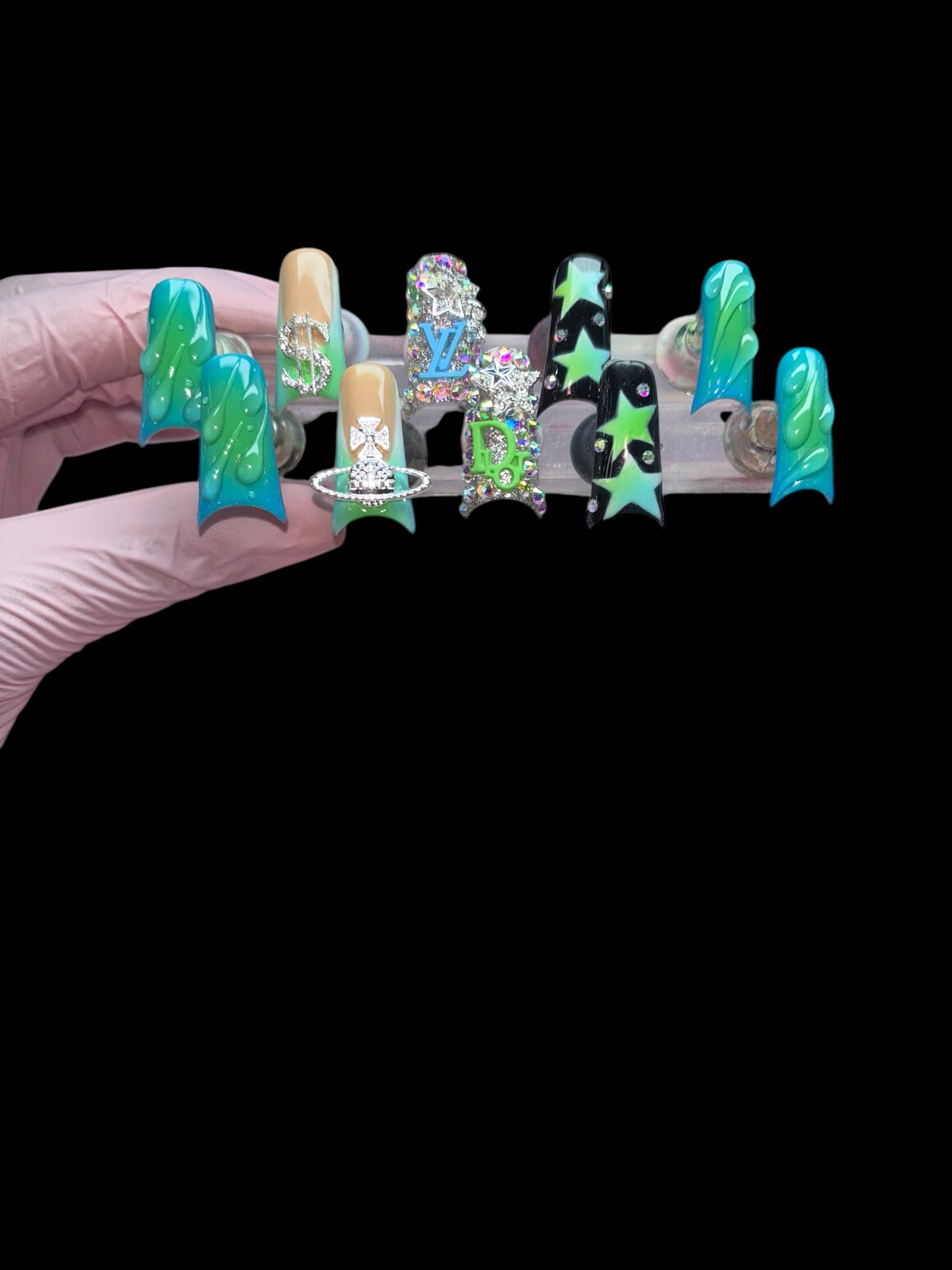 Blue & Green Ombre, Short Moon Duck Nails, With Bling