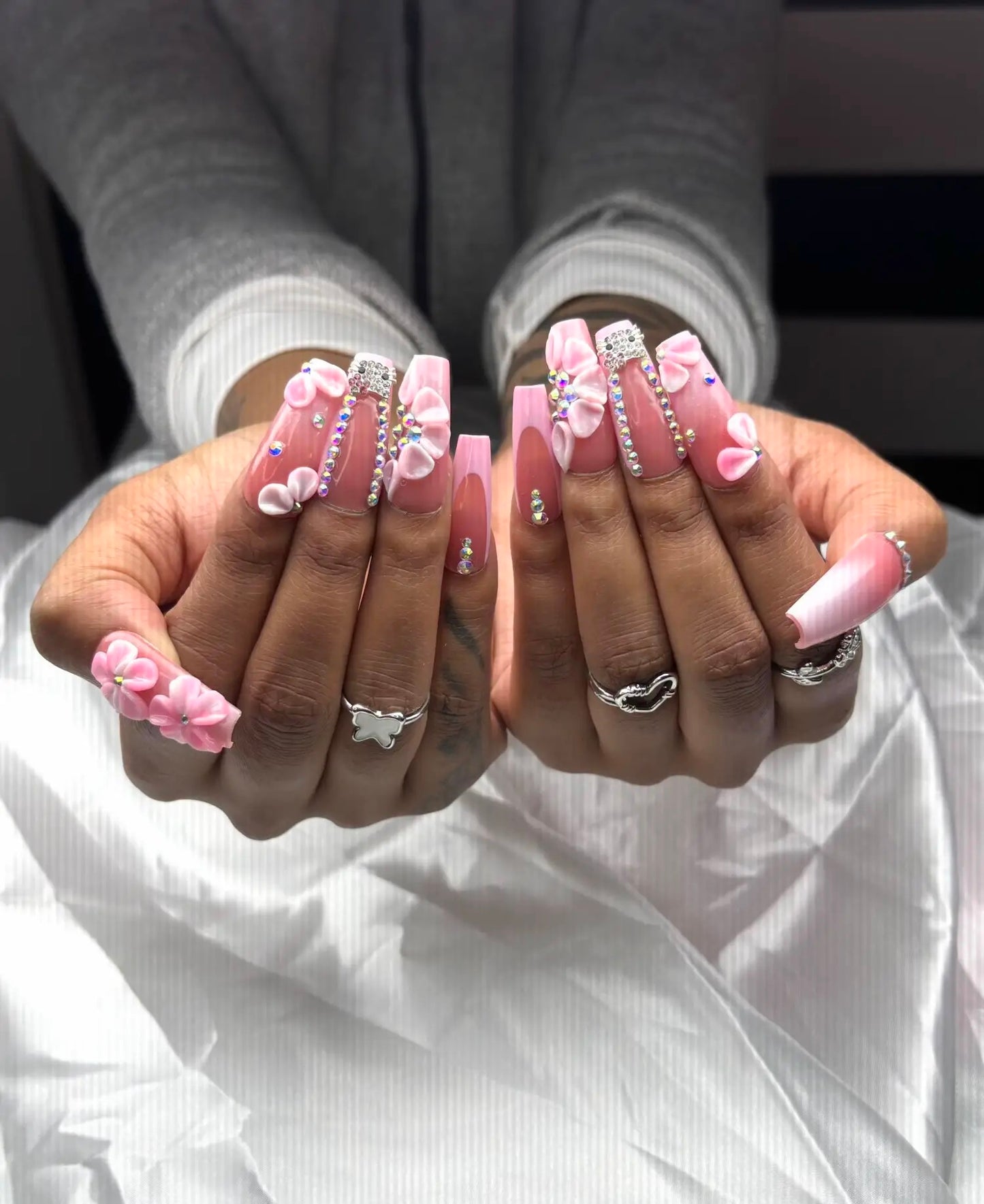 3D Pink Flowers, Medium Coffin Nails, Handmade